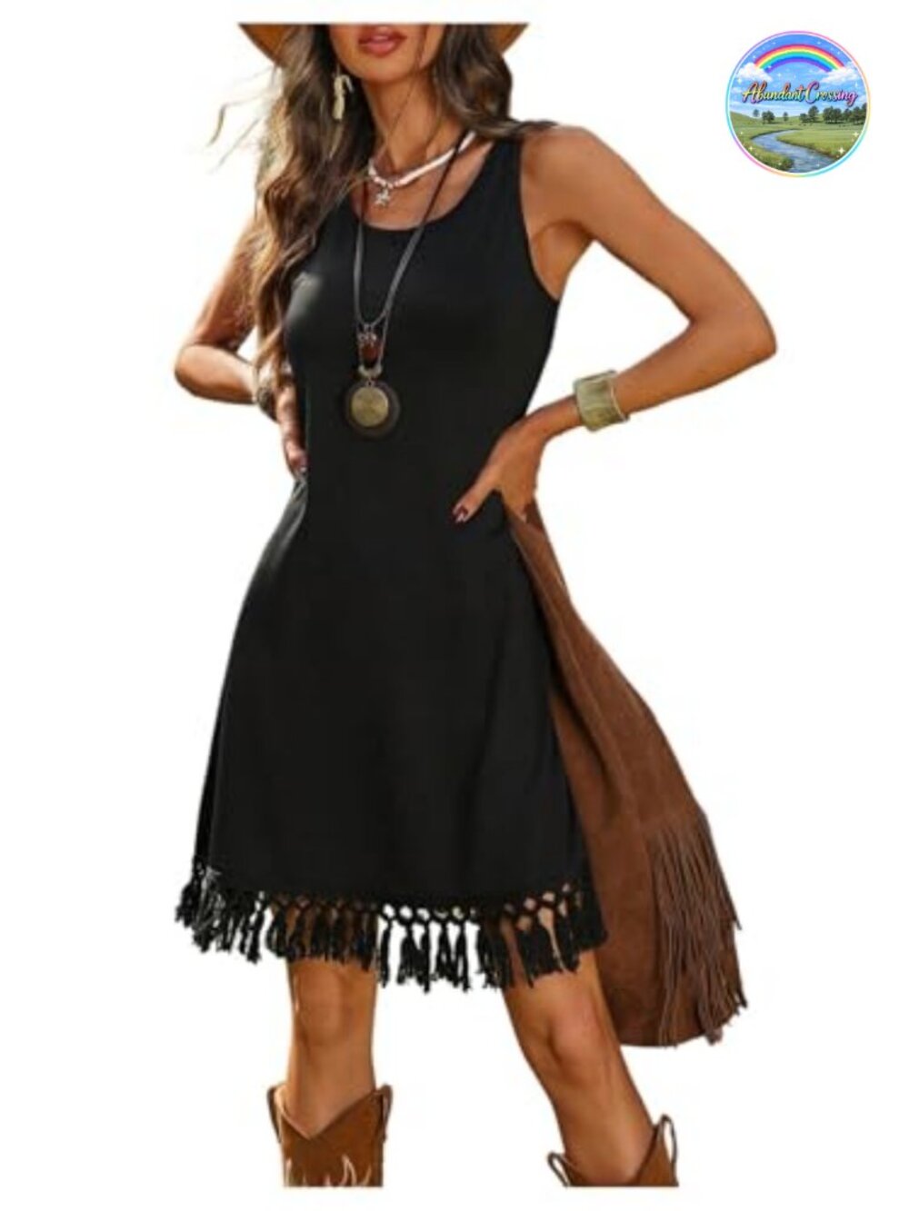Women's Western Fringe Sleeveless Cowgirl Rodeo Dress with Tassel Trim